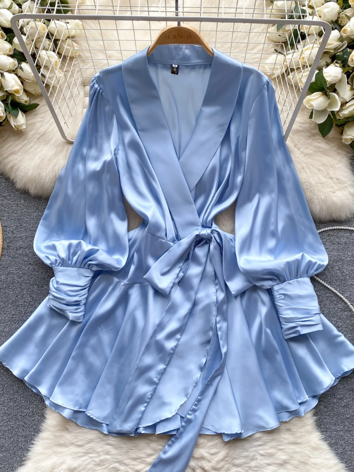 우아한 새틴 버블 슬리브 원피스 드레스 여성 패션 봄 2024 하이 웨이스트 A라인 스커트 롱 슬리브 미디 길이 드레스