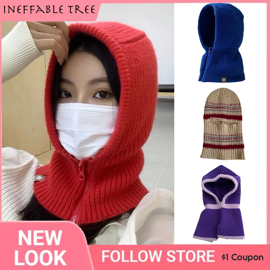 INS Winter Womens Hats Unisex Knitted Hooded Neck Collar Cap Beanie For Men Women Drawstring One-Piece Zipper Hats Balaclava Cap