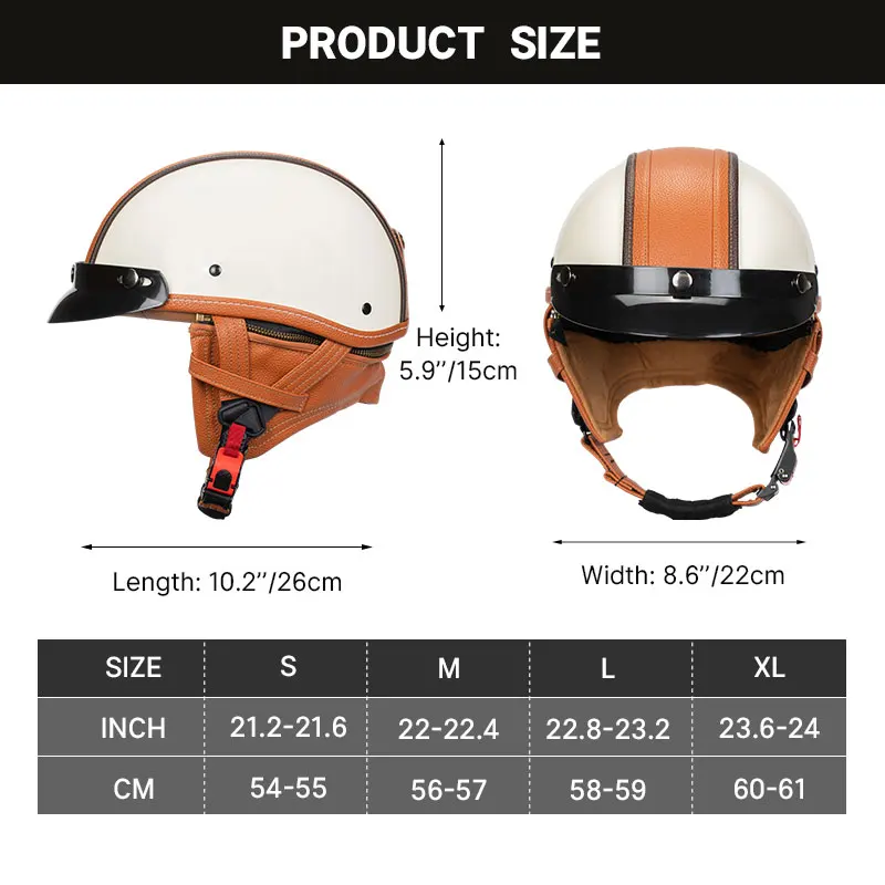 Retro Half Face Motorcycle Helmets Vintage Low Profile Open Face Helmet Leather DOT Approved Men Women Motorbike Scooter Helm