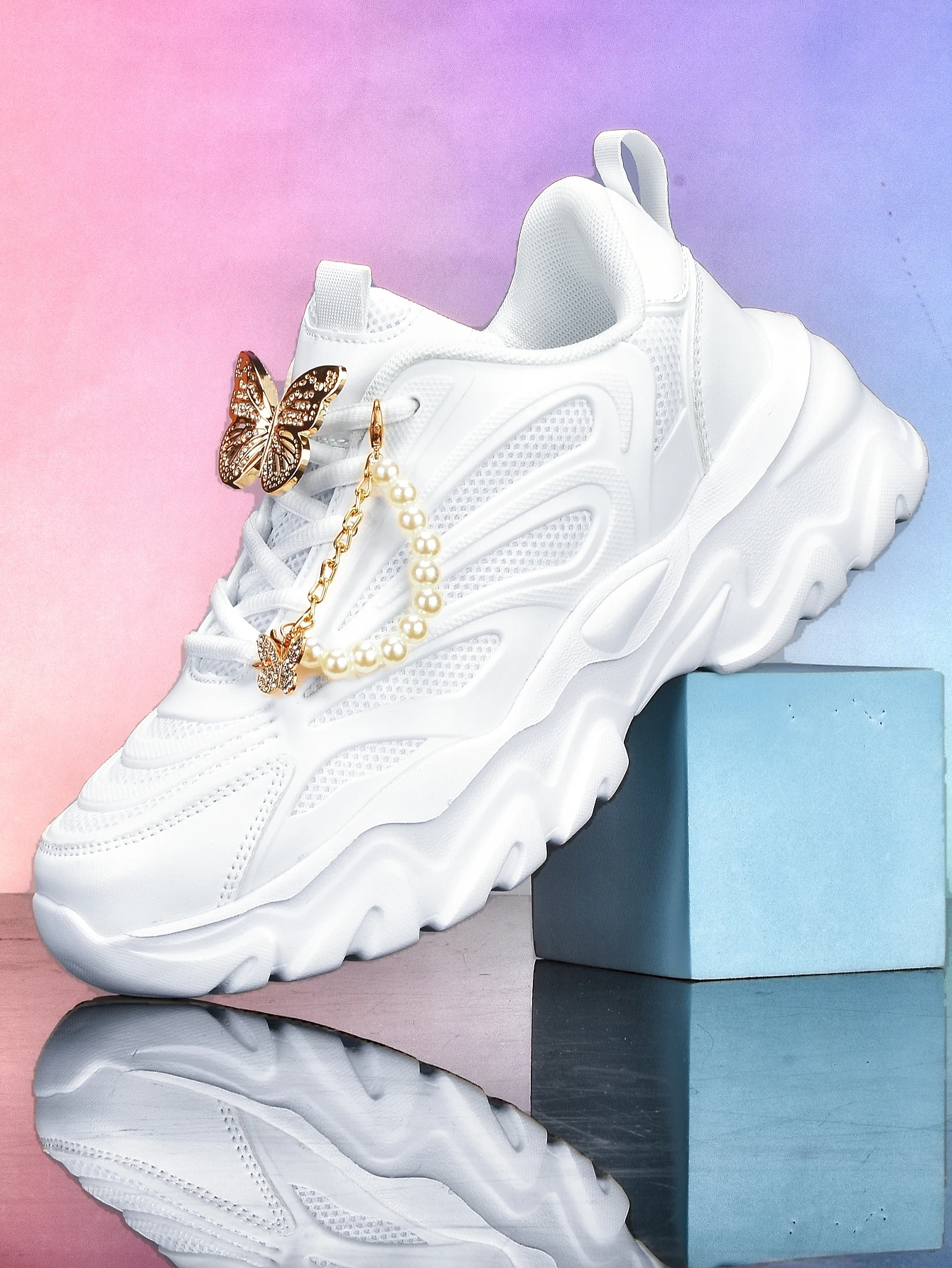 Women's Thick-Soled 5cm Height-Increasing Dad Shoes, Y2K Sweet-Cool Style, with Detachable Gold Butterfly Pearl Chain Decoration, Mesh Breathable Eva Irregular Sole, White Casual Sneakers, Trendy for Everyday Wear, Unique Design, Sweet Girl Style, Versatile for Students, Soft-Soled Comfortable Women's Shoes - view 2