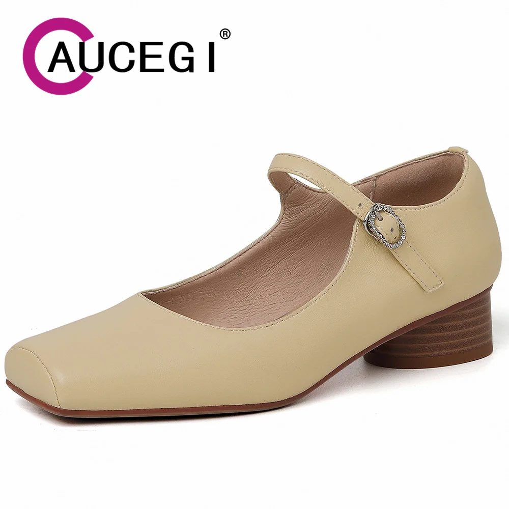 

Aucegi 2024 Women Embossed Genuine Leather New Brand Design Mary Jane Pumps Buckle Strap Square Toe Comfortable Thick Heel Shoes