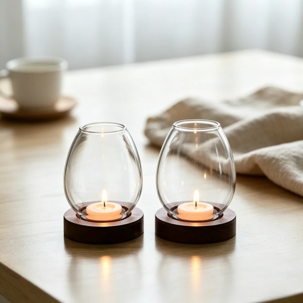 Nordic Style Clear Glass Candle Holder Wooden Base Tealight Candle Lantern Home Decor Table Centerpiece for Wedding Party