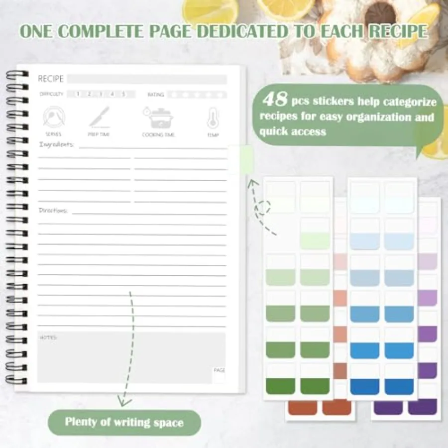 كتاب وصفات للكتابة في وصفاتك الخاصة، صفحات مقاومة للماء ومقاومة للتمزق، غلاف فني حلزوني، كتاب وصفات فارغ مع 48 علامة تبويب