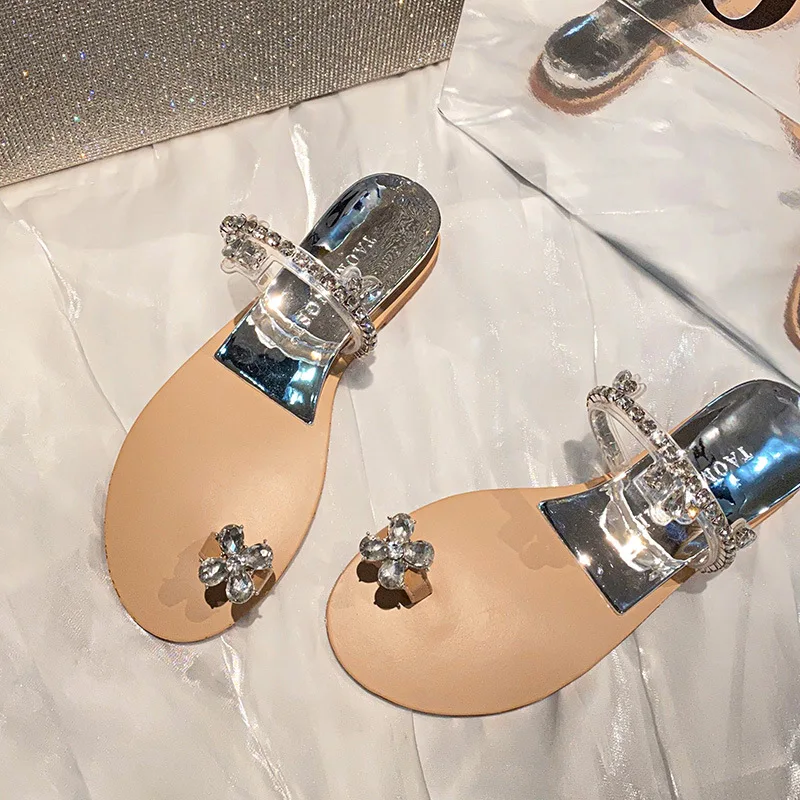 Sandalias planas para mujer, chanclas de playa con flores y diamantes de imitación de verano, tangas para mujer, zapatos bohemios con correa en T elástica, aptos para vacaciones informales