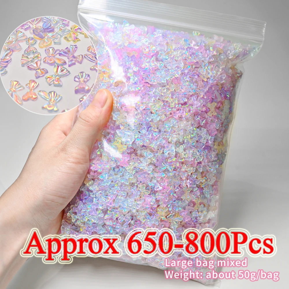 650-800Pcs Mixed Aurora Bowknots Nail Charms 50g/bag Resin Kawaii Ribbon Bowknots Nail Design Gems Korean Manicure Rhinestones