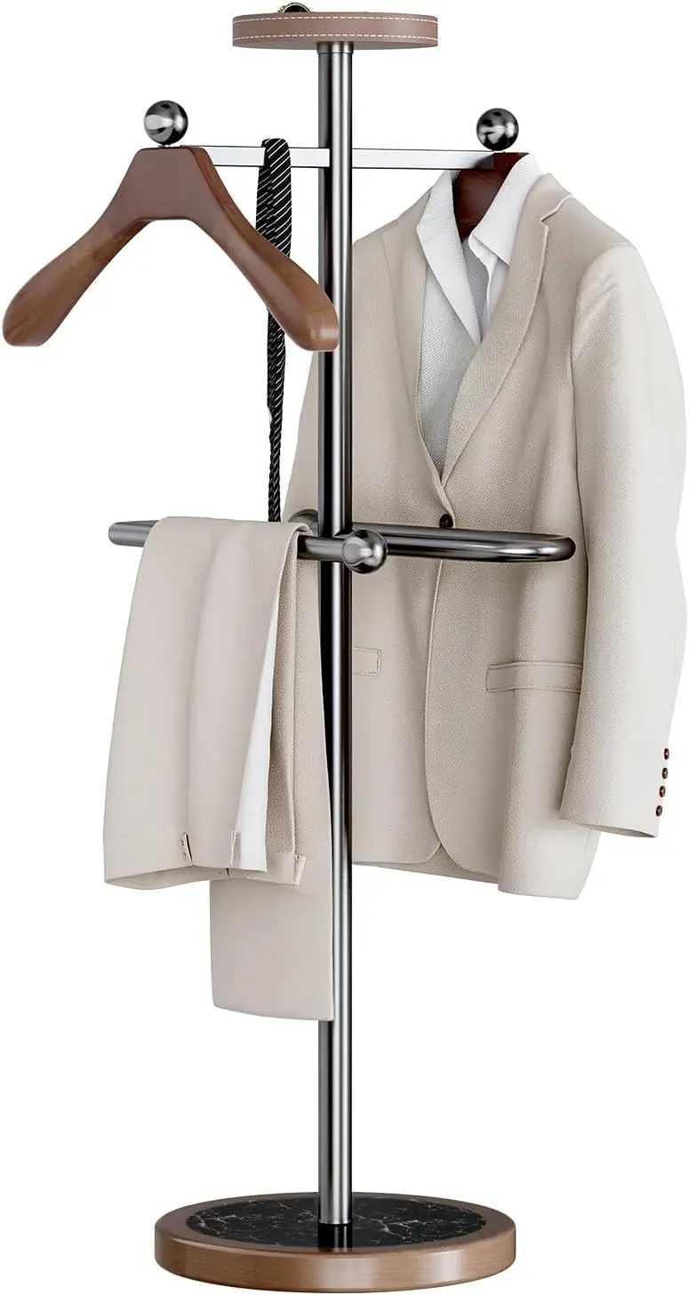 Freestanding Men's Suit Valet Stand with Tray & 2 Wooden Hangers, Natural Marble Base Sturdy Stainless Steel Frame, Wrinkle-Free Garment Organizer for Office Entryway