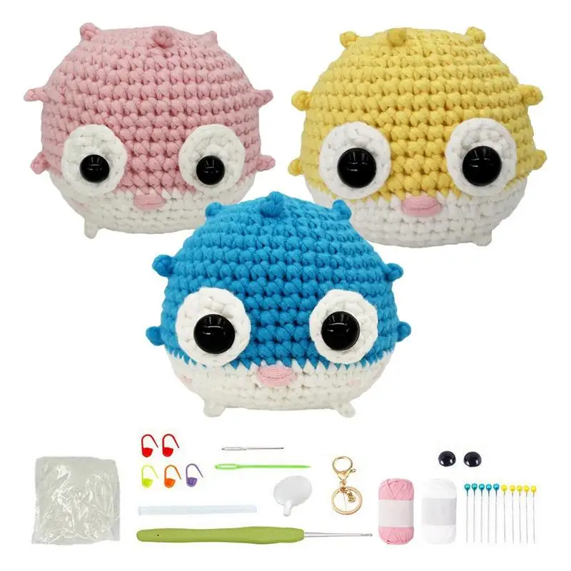 Kit de ganchillo Puffer, juego de aprendizaje de ganchillo de peces coloridos, juego de costura de animales adorables, conjunto de arte y artesanía para hombres y mujeres