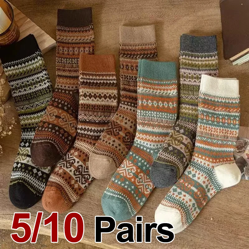 5/10 Pairs Autumn/Winter Retro Pattern Women Round Neck Socks Warm Comfortable Ethnic Style Outdoor Fashionable Casual Socks