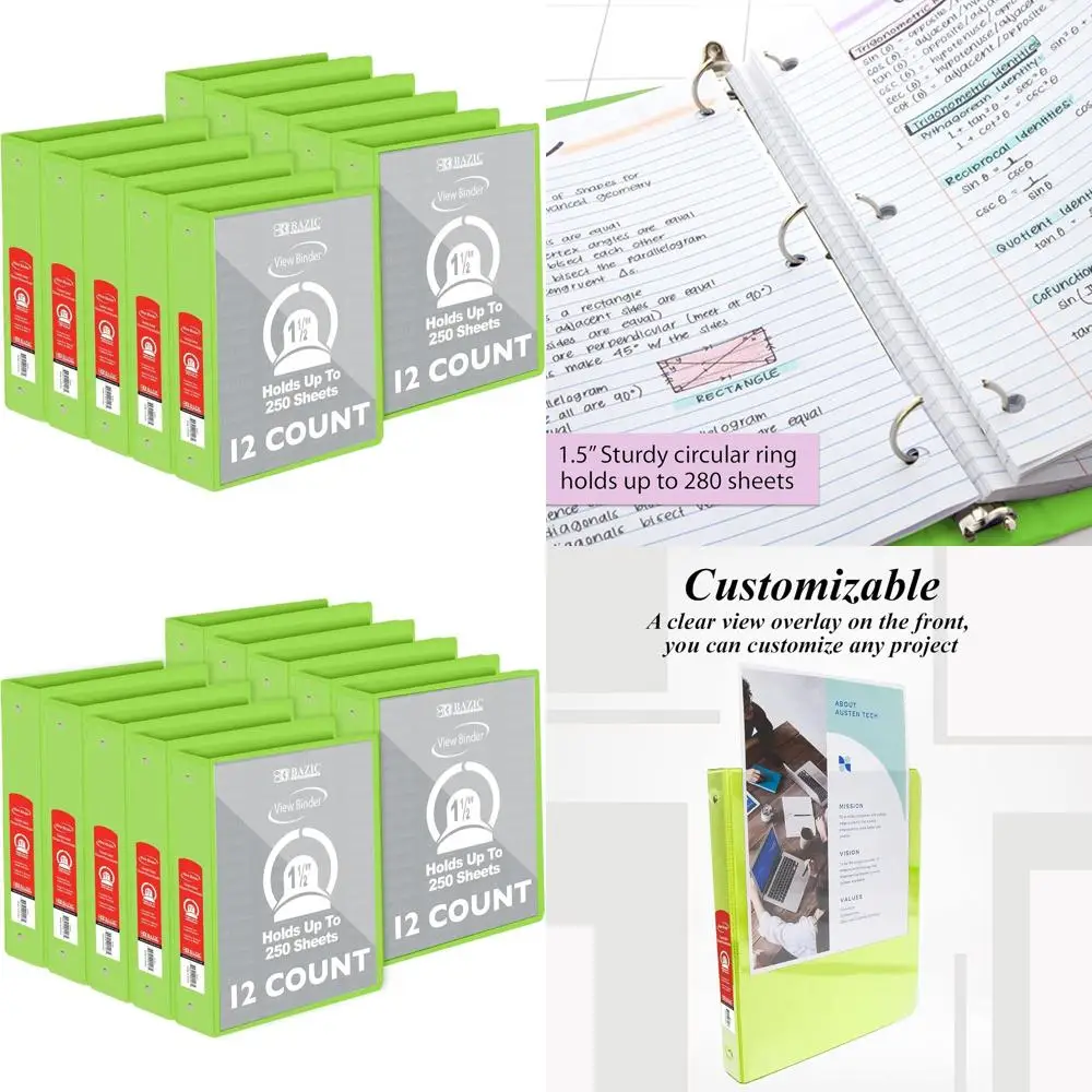 

Папка-скоросшиватель 1,5 дюйма, лаймово-зеленая, эконом-класса, с прозрачной накладкой и круглыми кольцами, вмещает 280 листов, упаковка из 12 штук, для дома и офиса