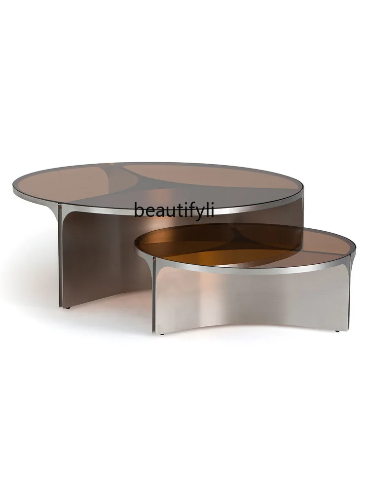 

Italian Minimalist Post-Modern Creative Villa Designer Sample Room Furniture Light Luxury Tempered Glass round Tea Table