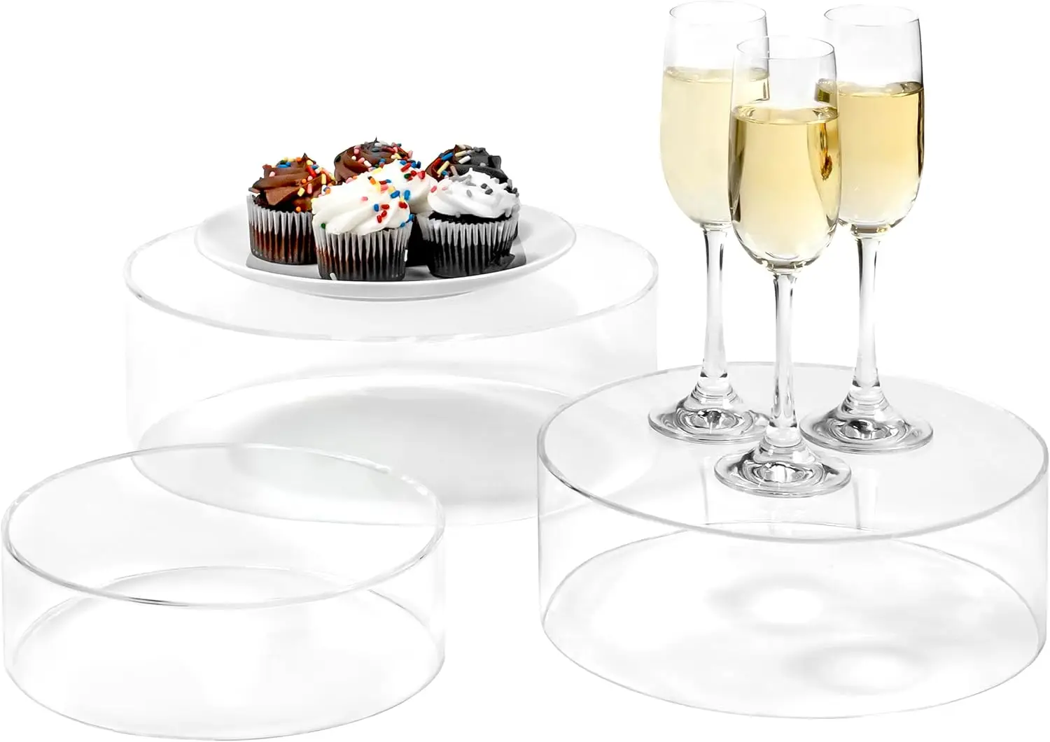 

Set of 3 Clear Acrylic Nesting Riser Stands (10", 8", 7") for Displaying Jewelry, Cosmetics & More