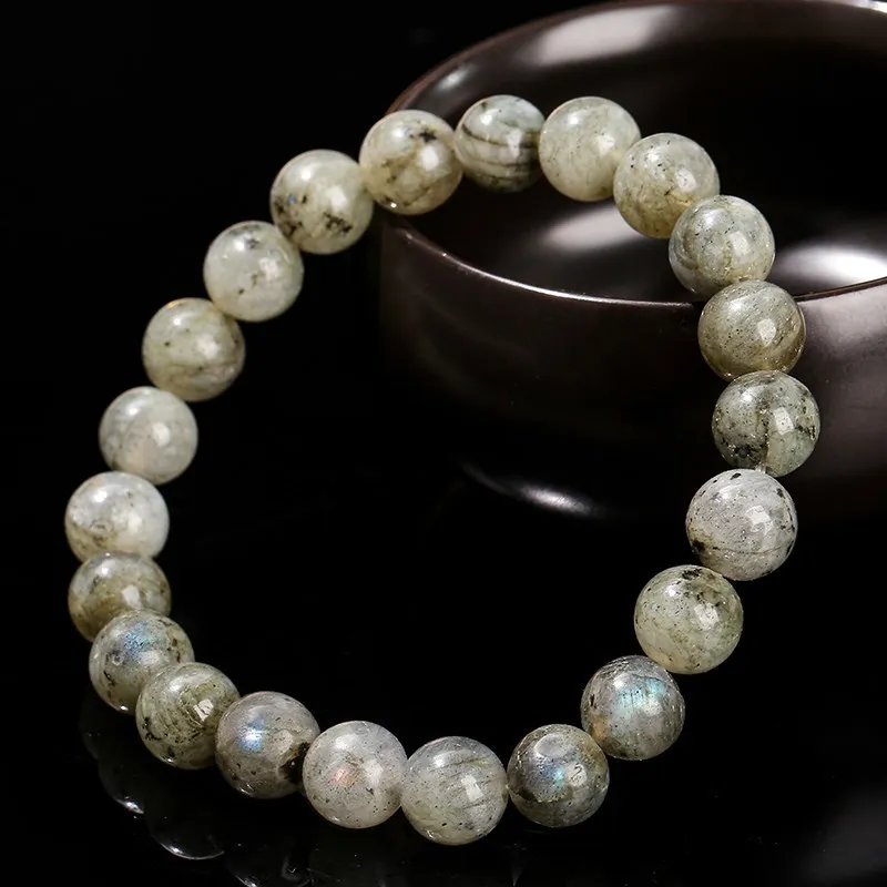 JD Natural White Spectrolite Stone Round Bead Strand Bracelet Women Men Charm Labradorite Irisation Stretch Bangles Couple Gift