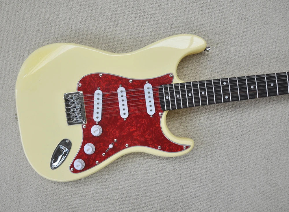 12 Strings Yellow Electric Guitar with Red Pickguard,Rosewood Fretboard,Customizable