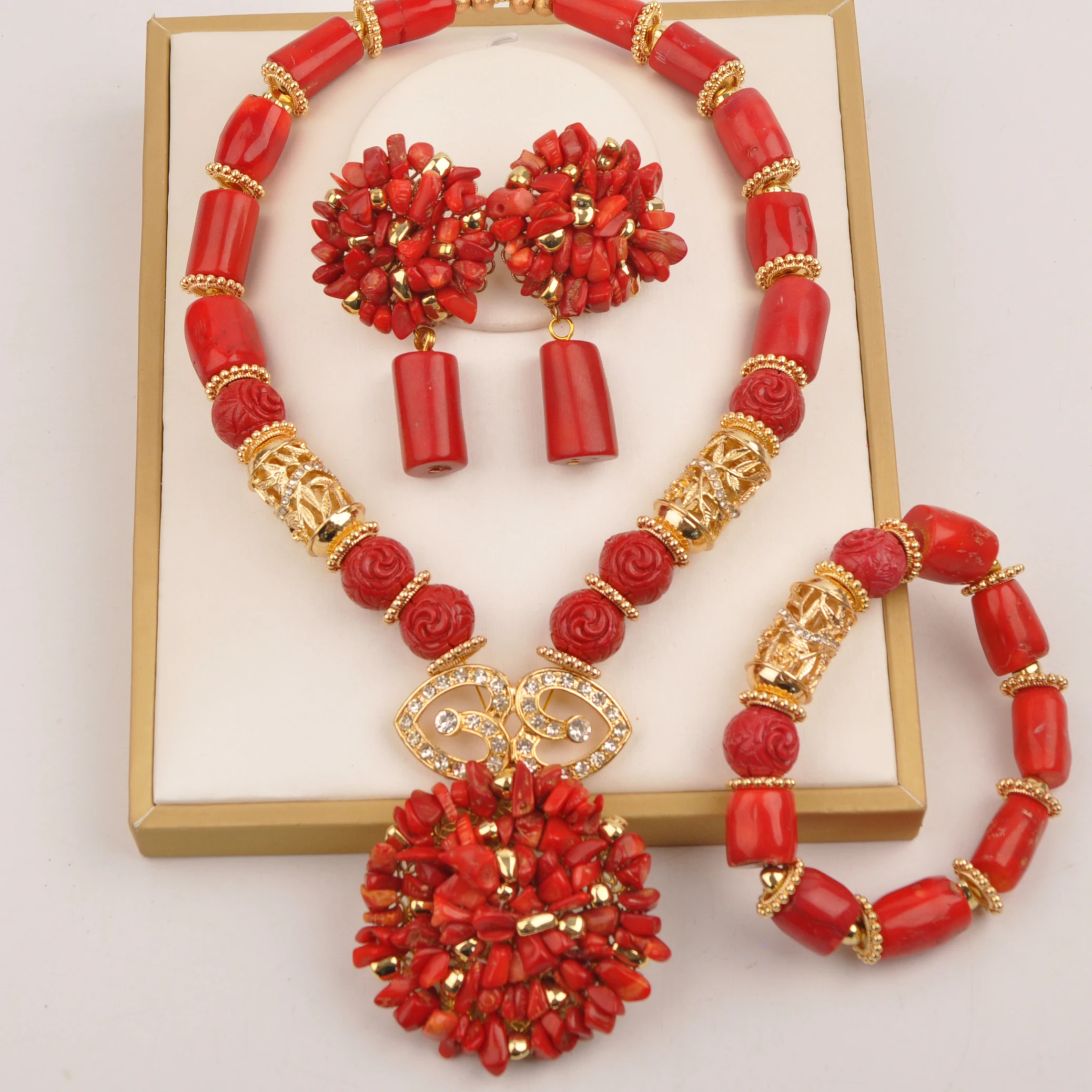 

Red nigerian original coral beads jewelry set for women