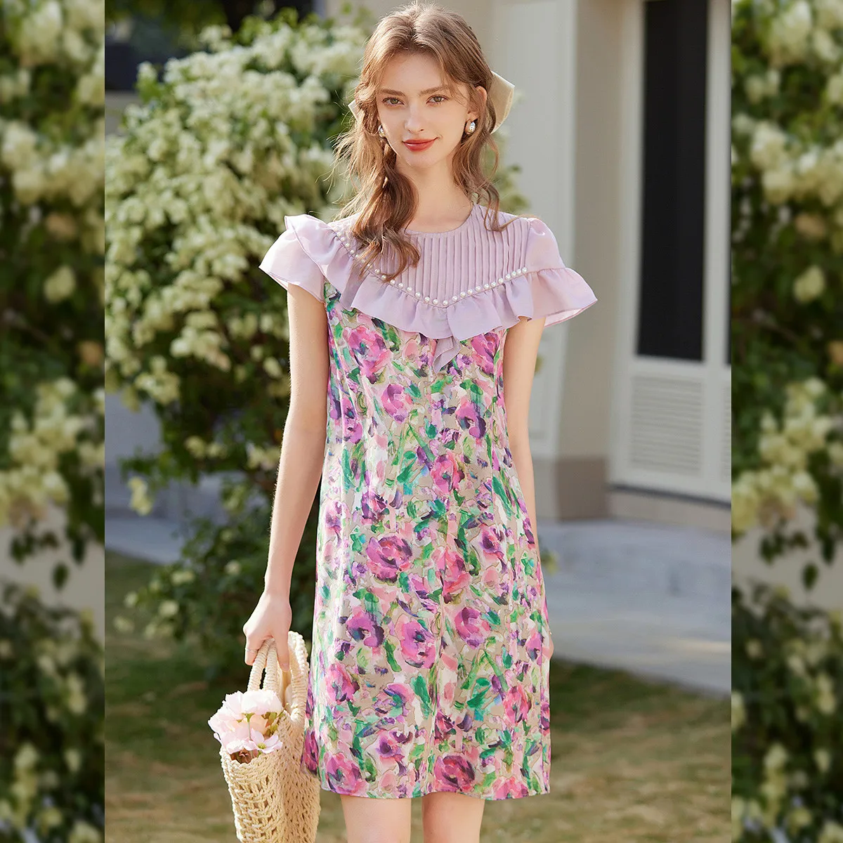 Fresh sweetfloral dress woman Round neck Flounced edge long dress Beaded button A-line dresses Female Clothing Summer New 2025