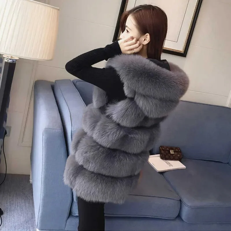 2025 Lady Fashion Fur Waistcoat Coat Winter Female Medium Length Faux Fur Vest Top Korean Women Hooded Plush Sleeveless Outwear