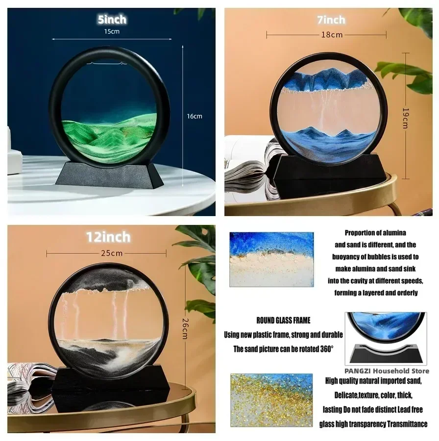 3D Color LED Flowing Sand Painting Table Lamp Art Picture Round Glass Hourglass Night Light Bedside Lamp Home Office Decorate