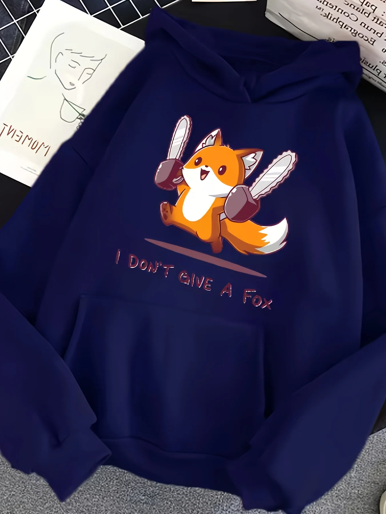 Felpa con cappuccio da uomo con stampa volpe vintage - Grafica "I Don't Give a Fox", pullover casual stile street con tasca a marsupio, grigio, morbido Pol