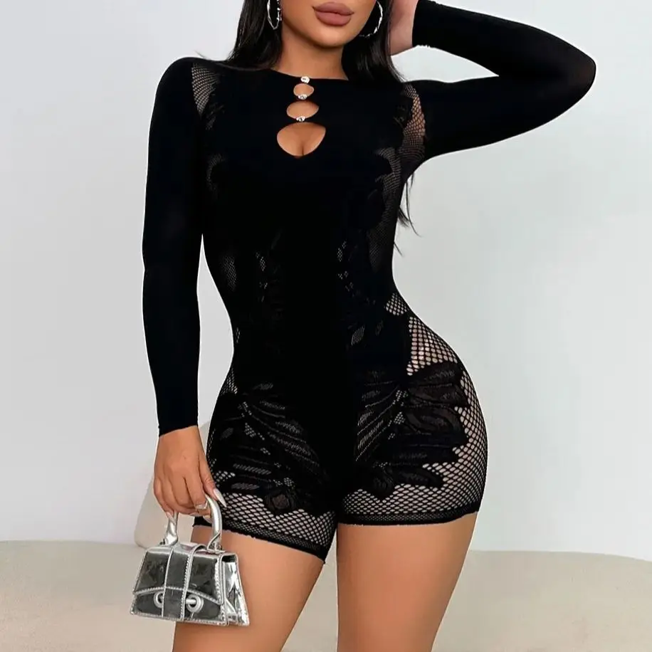 

New Women Black Lace Jumpsuits Full Sleeve Fitness Playsuits Shorts Rompers Sexy Club Party Hollow Out SlimFashion Bodysuits
