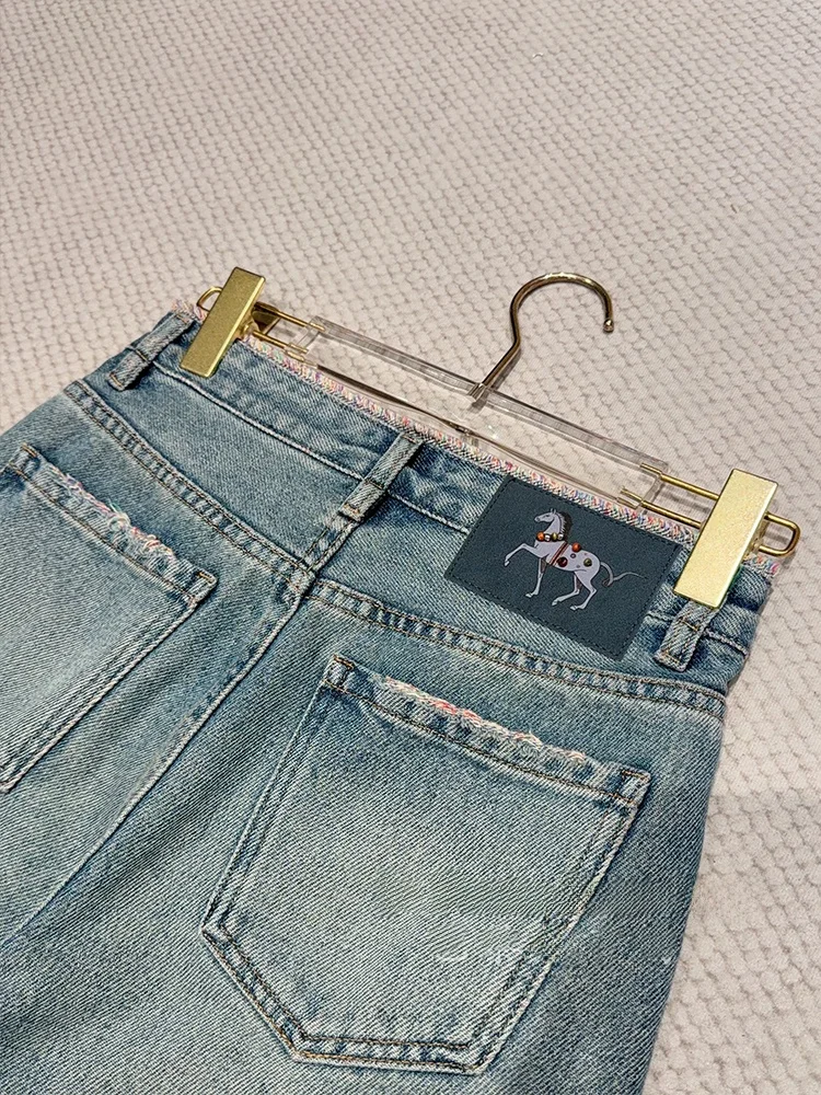 

Женские повседневные джинсы прямого кроя из хлопка с вышивкой жемчугом и пятью цветами, зимние, с завышенной талией