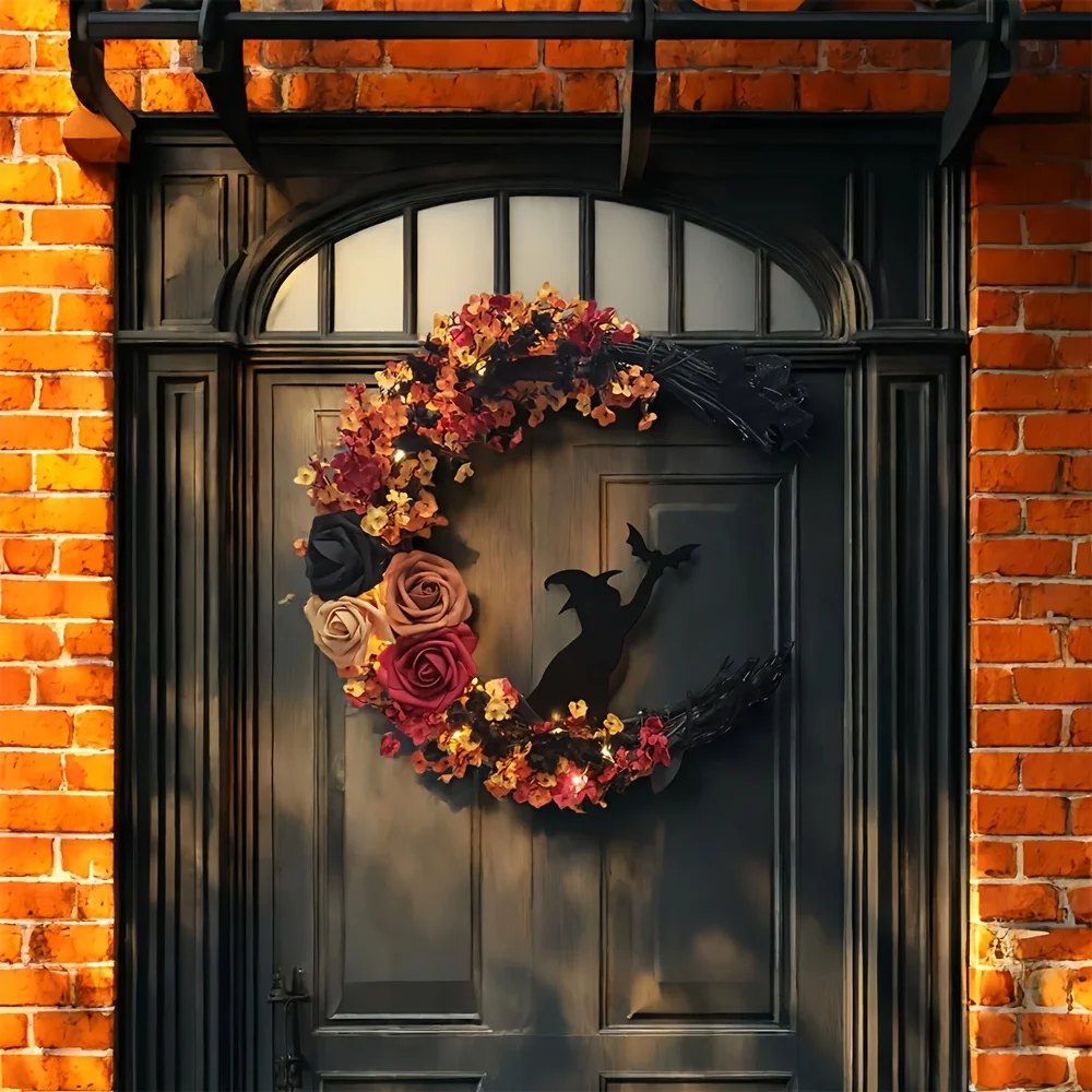 D2 Halloween Witch Cat Rose Wreath Hanging Gothic Crescent Moon Christmas Wreath For Home Party Wall Window Decor Indoor Outdoor view 3