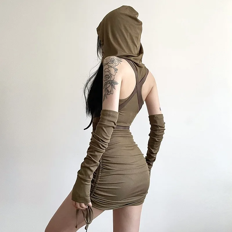 Sexy Women Hooded Bodycon Dress Wasteland Style Game Movie Survivor Outfit Shirring Slim Short Dress Buckle Belted With Gloves