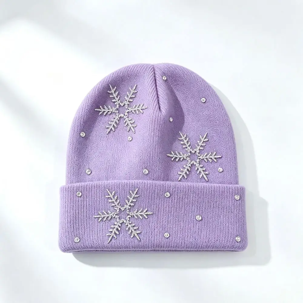 Knitted Fabric Winter Beanie Snowflake Embellishment Rhinestone Children Knit Hat Soft Folded Cuff Snowflake Knitted Cap