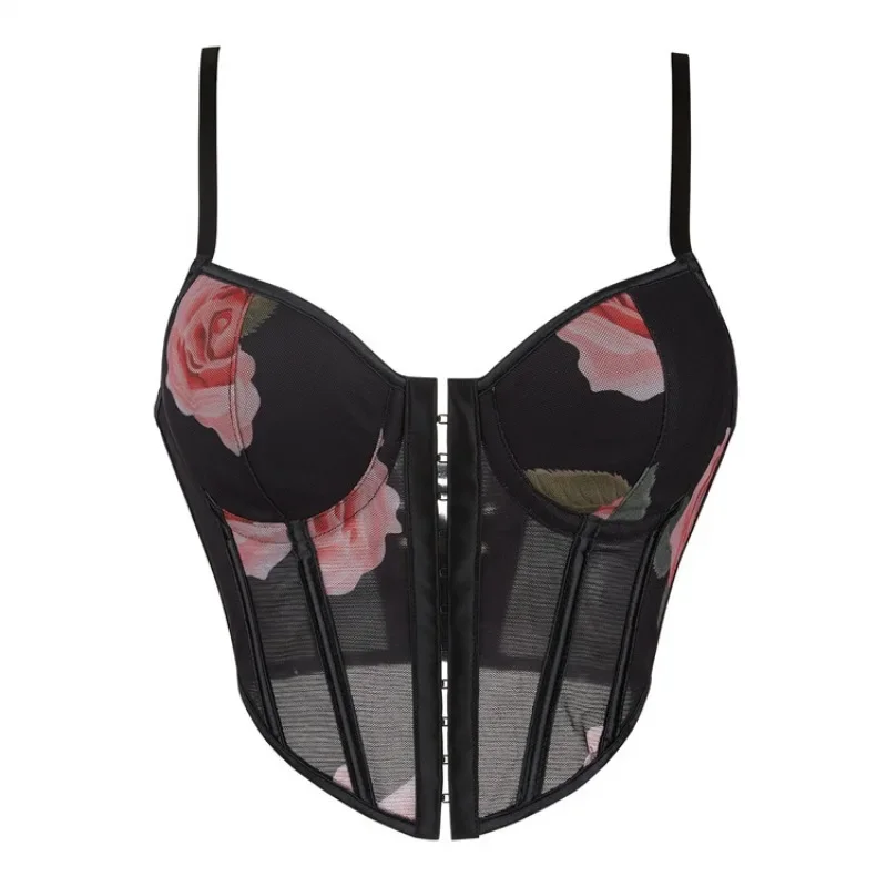 

White Mesh Floral Print Overbust Corset Sexy Breathable Tank Crop Top Fishbone Shaping Slimming Bustier Strap Corselet Black