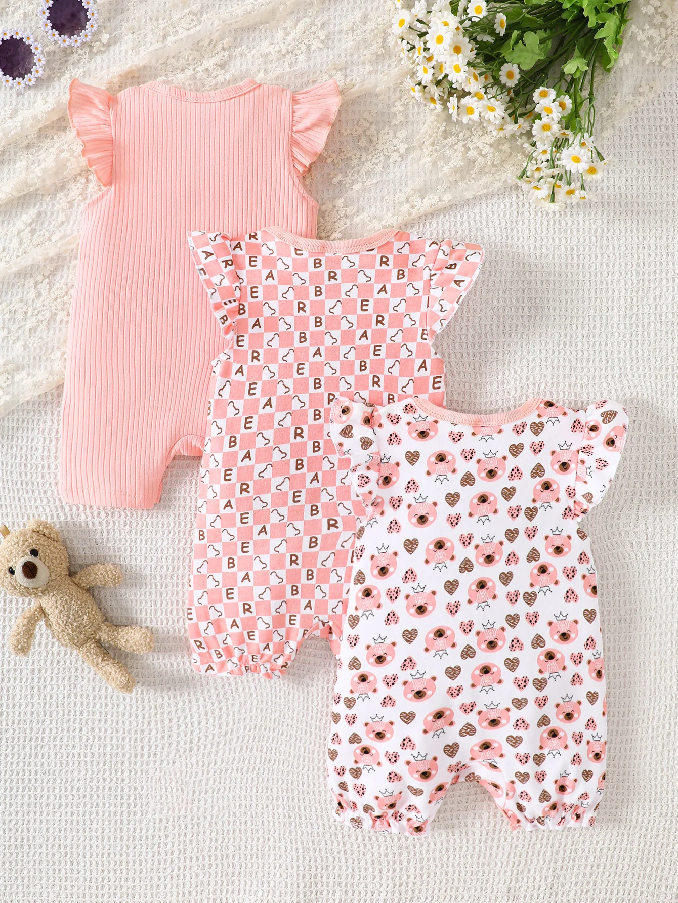 Baby Mädchen 3-teiliges Strampler-Set Sommer Rüschenärmel Ärmelloser Body Neugeborenen Säugling Blumenmuster Jumpsuit Babykleidung – Detail 2