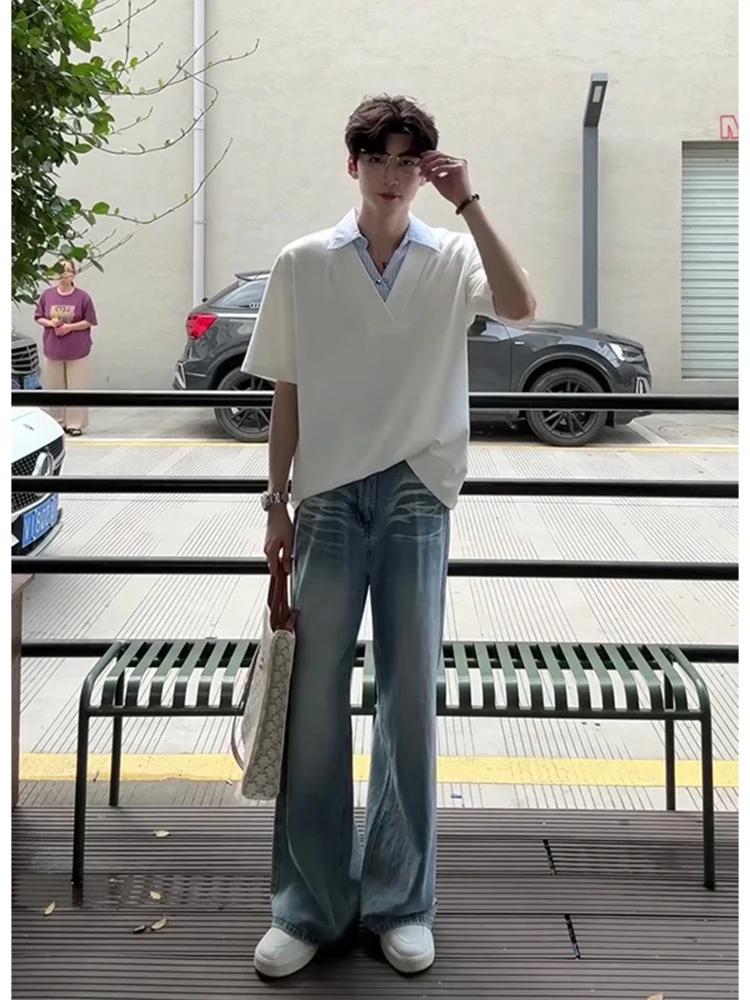 

Стильный мужской летний комплект: джинсовый костюм с коротким рукавом и имитацией двухслойности, длинные брюки, молодежный образ, подходит для подростков