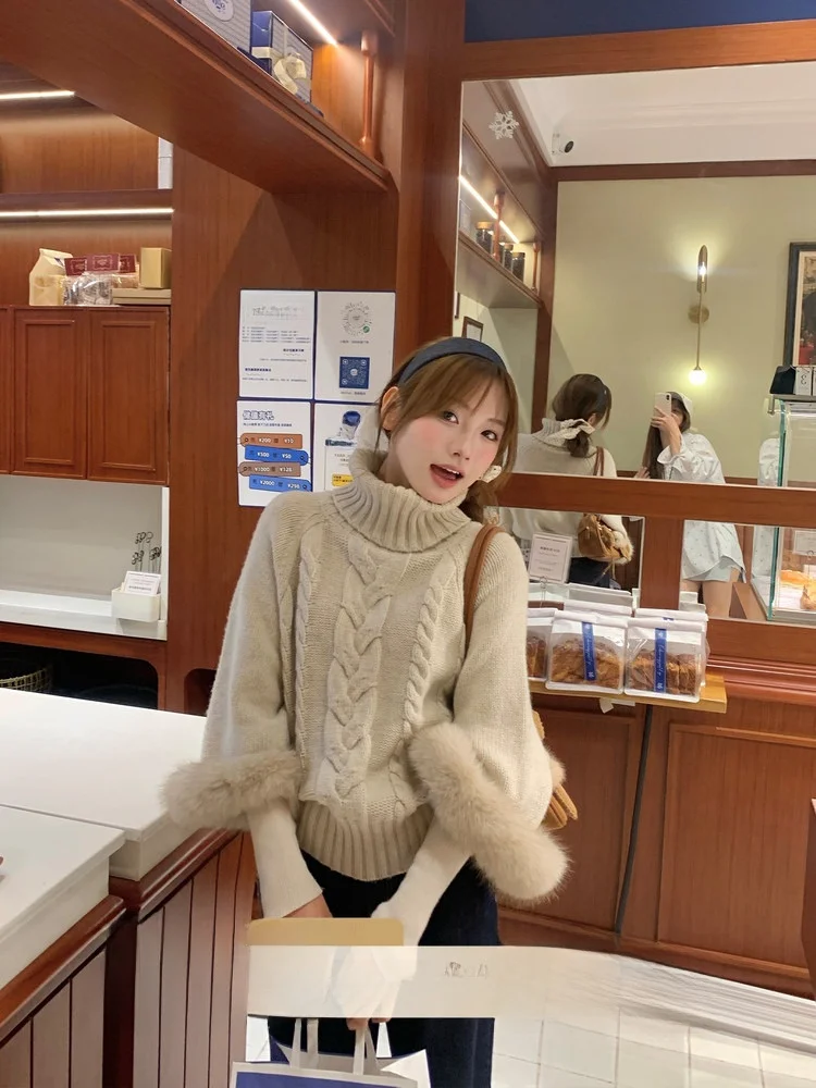 

Autumn Winter Oaeal Color Women's Knitwear High Collar Twist Sweater Slimming Design Sense Retro Feeling Long Sve Top