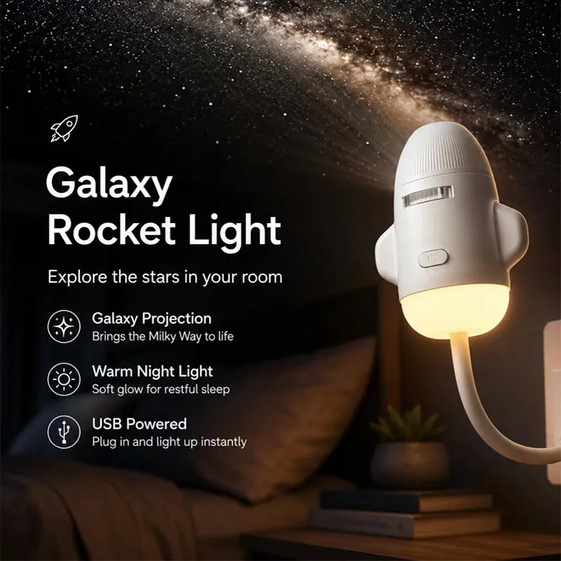 2-in-1 Rocket Galaxy Projection Light Adjustable Focus Ambient Star Projector Lights Car Projection Lamp Space Moon Night Light