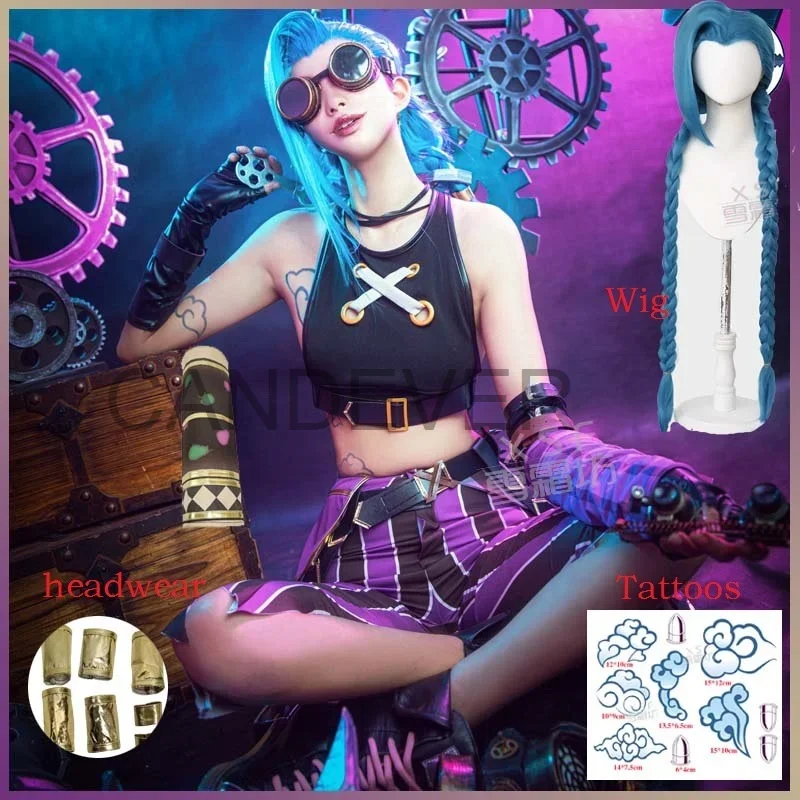 LOL Arcane jinx league of legends Cosplay jinx arcane cosplay Costume Tattoos wig glasses shoes boots Women Sexy Outfit top Pant