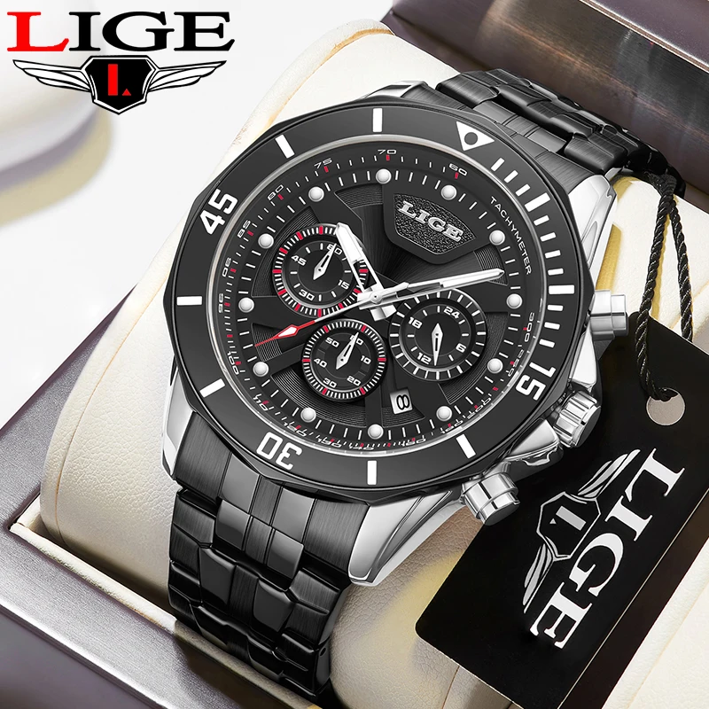 

LIGE Fashion Luxury Watch for Men 30M Waterproof Business Stainless Steel Band Quartz Man Wristwatch Casual Sport Luminous Clock