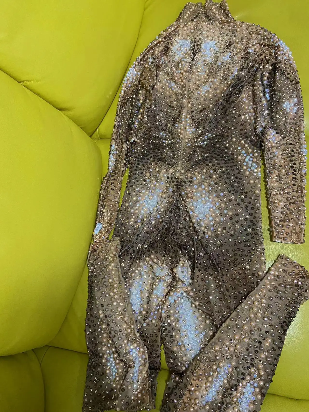 Combinaison Luxueuse avec Perles et Strass pour Homme, Justaucorps artificiel astique Sexy, Tenue de Discothèque DJ, Costume de brev, Vêtements de Scène