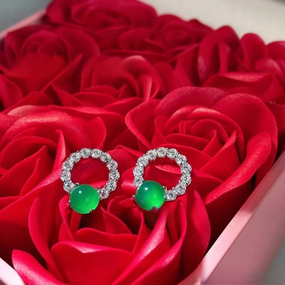 

925 silver-plated inlaid natural ice yang green chalcedony stud earrings agate jade luxury earrings jadeite explosion