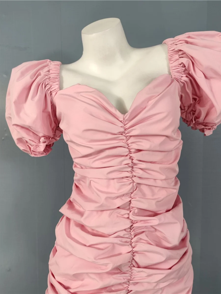 Summer 2024 Deep V-ne Pleated Bubble Sve Bodycon Dr French Sle Women's Faion ort Sve Wrap around Skirt