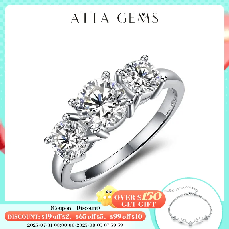 

ATTAGEMS 2.0ct D Color Round 18K White Gold Plated 925 Silver Moissanite Ring For Women Diamond Test Passed Woman Girl Gift