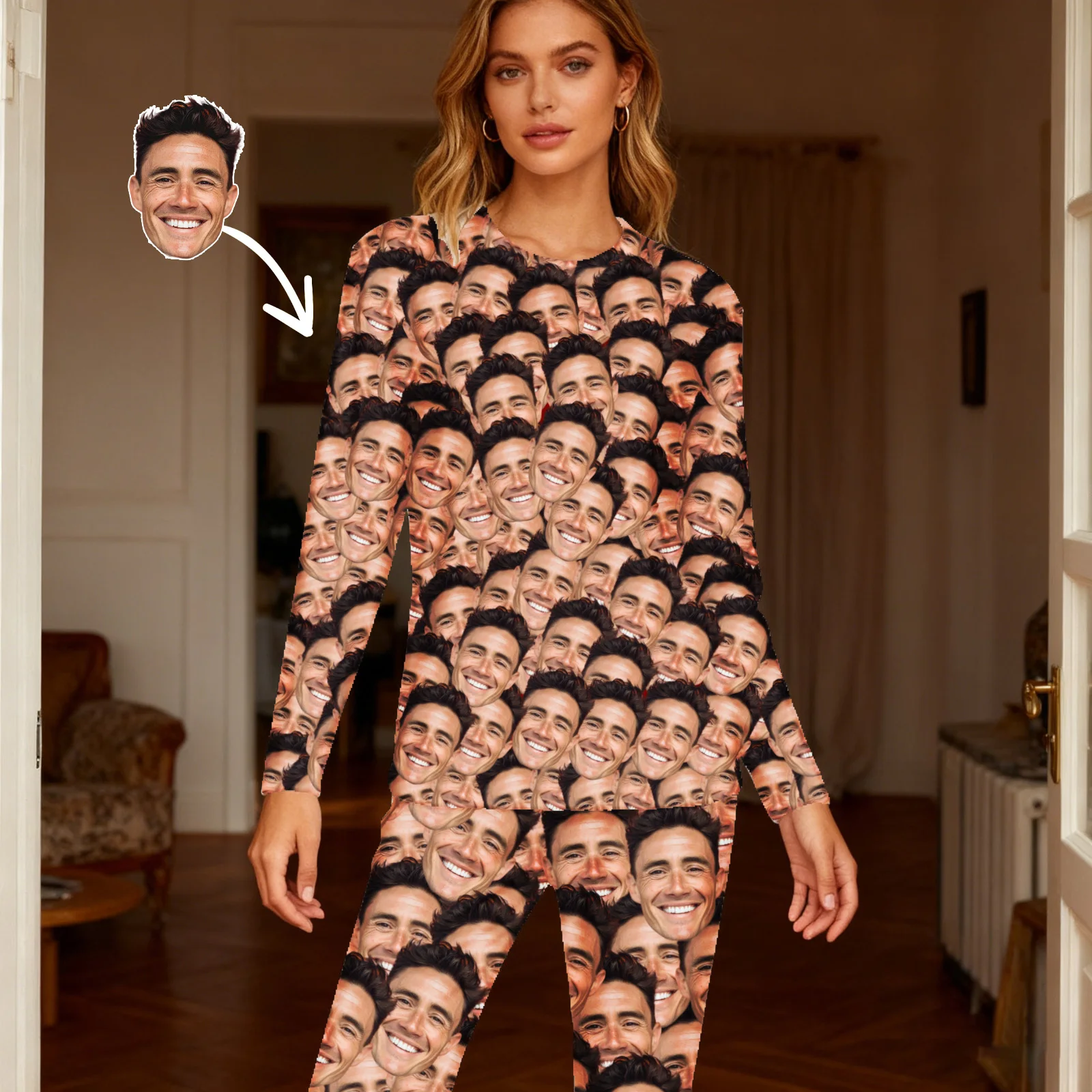 

Женские пижамы на заказ с лицом, домашняя одежда, женские пижамные комплекты с длинными рукавами на заказ, персонализированные пижамы с лицом, пижамы с фото на заказ