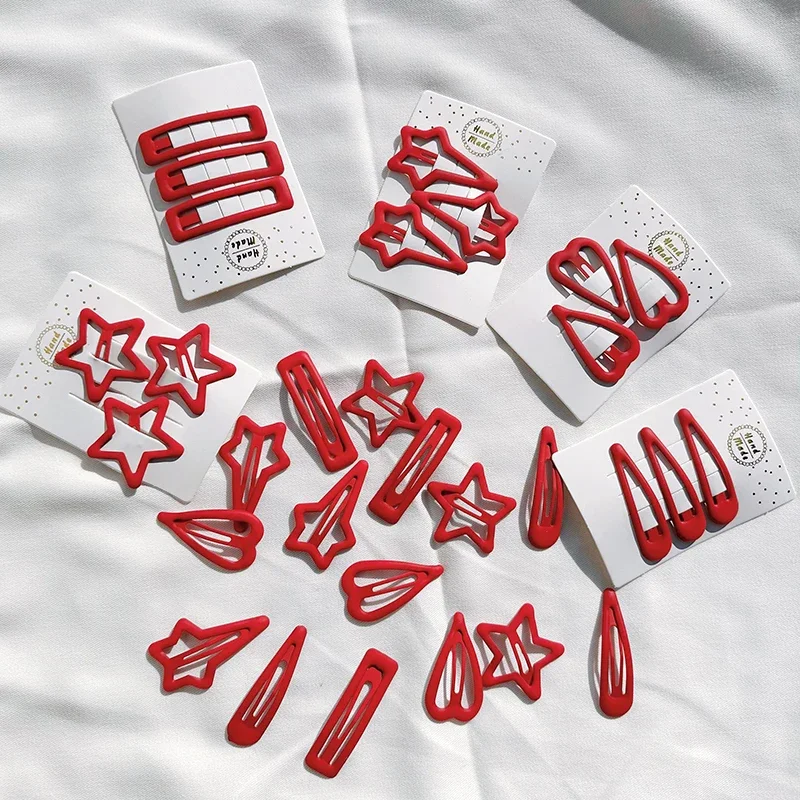 3Pcs Red New Year Hairpins Christmas Headwear Star Heart Love Geometry Barrettes Kids BB Clips Hair Accessories Sided Clip