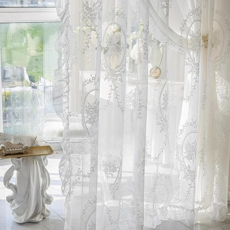Luxury French White Lace Princess Style Single Layer Sheer Curtains for Bedroom Bay Window Door Translucent Dreamy Drapes Custom