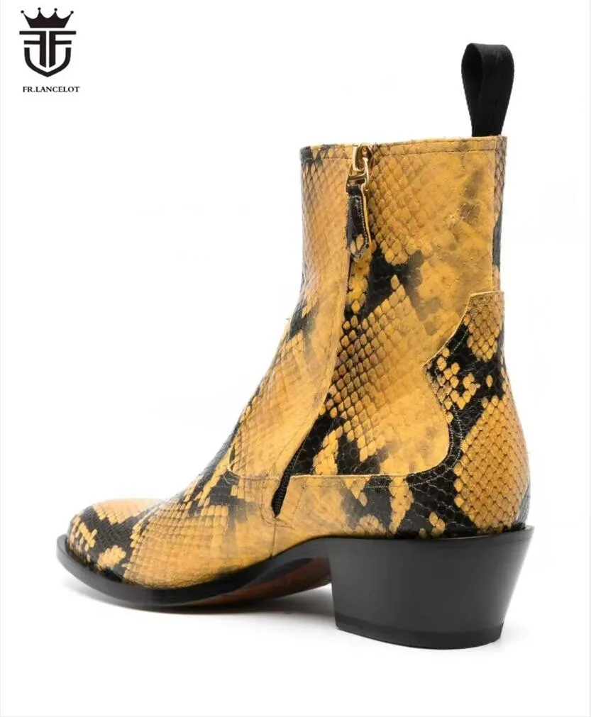 New Arrival Fashion mens botas snakeskin print leather boots zip yellow snake booties party shoes point toe men runway boots