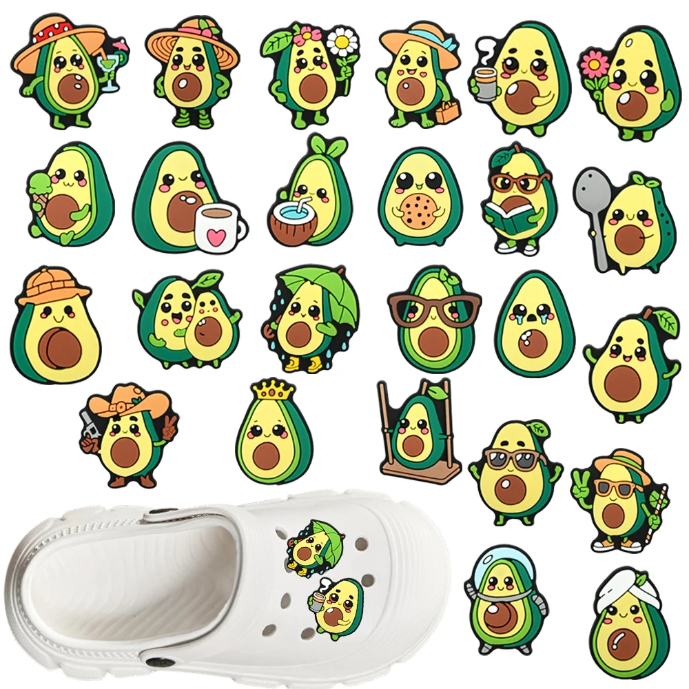 Neue 25-teilige Cartoon-Avocado-Serie PVC-Schuhzubehör für Jungen und Mädchen, abnehmbare, wasserdichte DIY-Schuhdekorationen, Geschenke