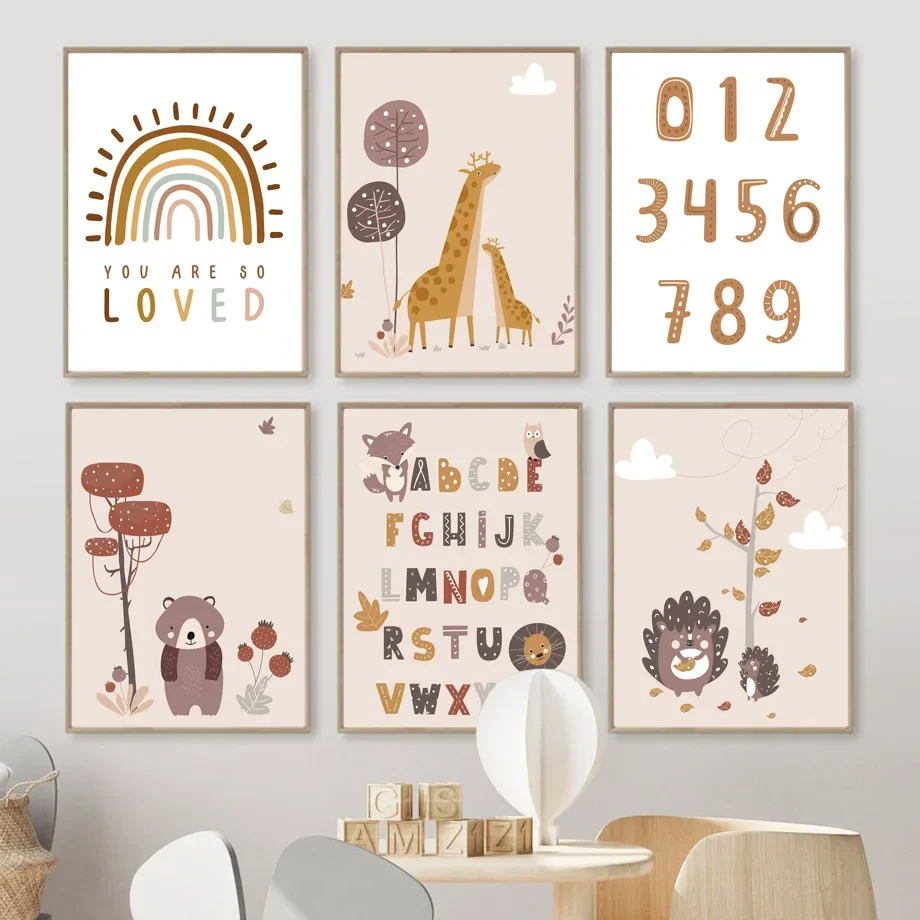 Giraffe Crocodile Bear Cartoon Rainbow Numbers ABC Wall Art Canvas Painting Boho Posters And Prints Wall Picture Baby Room Decor