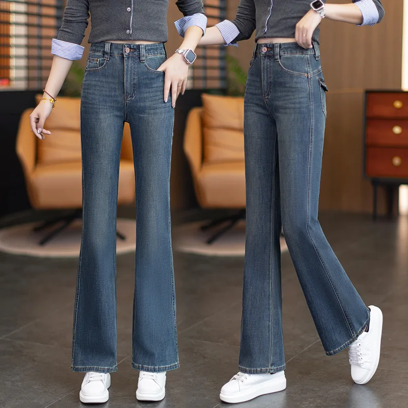 

Расклешенные джинсы для женщин, новые винтажные синие осенние потертые брюки с высокой талией для похудения, повседневные брюки Bootcut