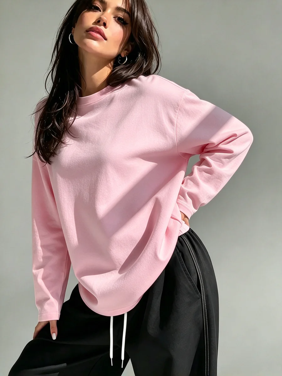 Y2 unisex pink solid color top loose and slimming versatile base shirt, casual sports long sleeved T-shirt top
