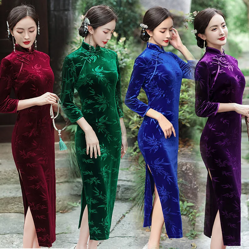 

New 4 Colors Women Purple Burgundy Improved Cheongsam Long Sleeve Vintage Velvet Dress Slim-fit Traditional Long Qipao