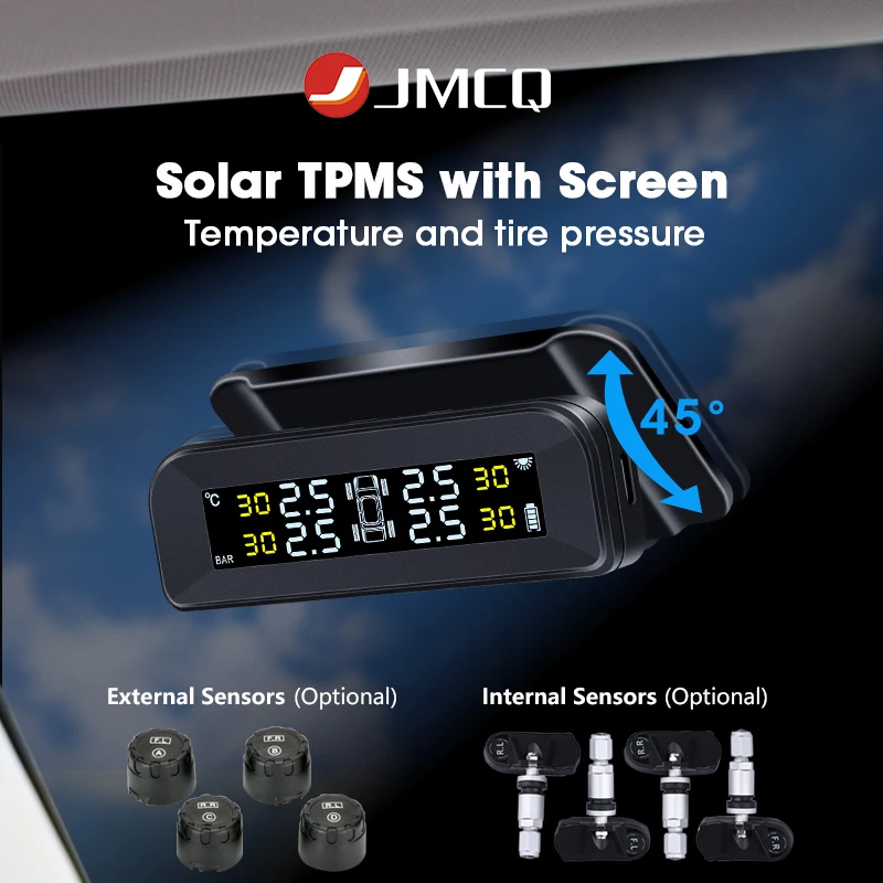 

JMCQ Wreless TPMS With Digital Screen and 4 Sensors Support Solar Charging Temperature Tire Pressure Real Time Viewing Alarming