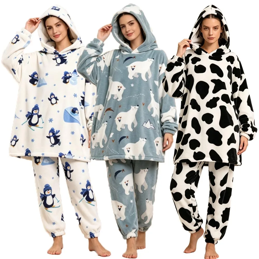 Woman Loungewear Set Halloween Oversize Blanket Hoodie and Pants Pumpkin Pajamas Yellow Red Man Pyjama Thermal Fleece Fluffy Pjs