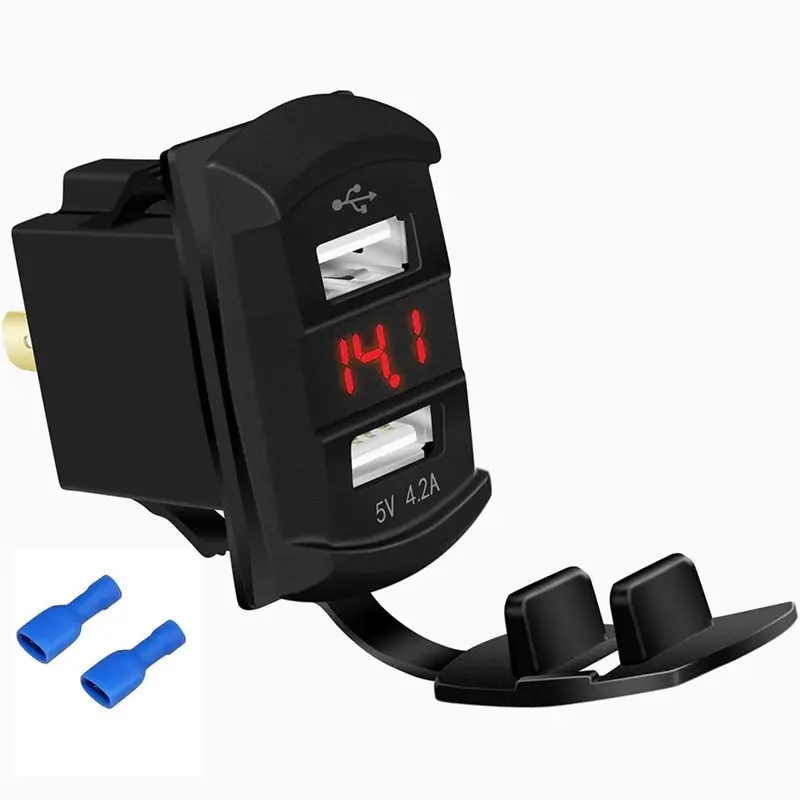 A03Z-2X Marine USB Rocker Switch 12V Dual Charger Ports 4.2A Waterproof Outlet Socket Digital Voltmeter Red